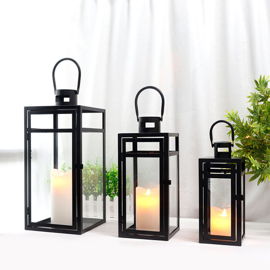 Set of 3 Metal Candle Lantern 12&15&19''H Decorative Outdoor Lantern Hanging Lantern with Tempered Glass for Christmas Home Living Room Parties Events Tabletop Indoors Outdoors (Matte Black)