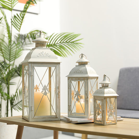 Set of 3 Decorative Hanging Lantern 9.5&13.5&19'' High Vintage Metal Candle Holder with Tempered Glass for Living Room Garden Yard Patio Parties Events Indoors Outdoors(White with Gold Brush)