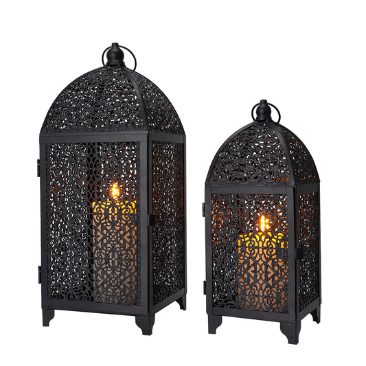 Set of 2 Vintage Decorative Candle Lantern 12''&16.5'' High Metal Candle Holder Hanging Lantern with Hollow Pattern for Living Room Garden Parties Events Indoors Outdoors(Black)
