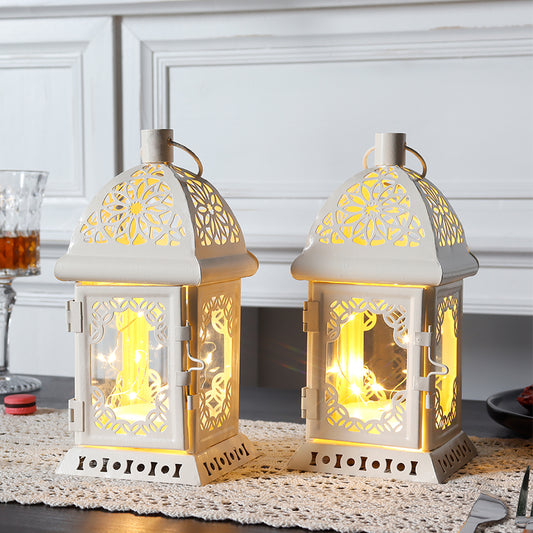 Set of 2 Vintage Style Decorative Lantern 8'' High Battery Operated Metal Lantern Hanging Lantern with LED Fairy Lights Perfect for Home Decor Living Room Parties Events Indoors (White)
