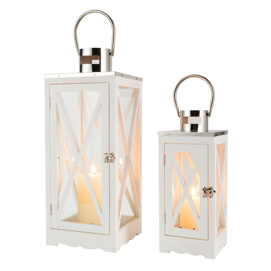 Set of 2 Farmhouse Wood Lantern 17.5''&24.5'' Metal Decorative Outdoor Lantern with Tempered Glass Rustic Candle Holder for Thanksgiving Christmas Patio Garden Indoor Outdoor(White Rectangle)