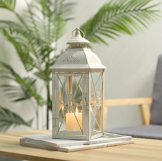Decorative Hanging Lantern 13.5'' High Vintage Metal Candle Holder with Tempered Glass Perfect for Living Room Garden Yard Patio Parties Events Indoors Outdoors (White with Gold Brush)