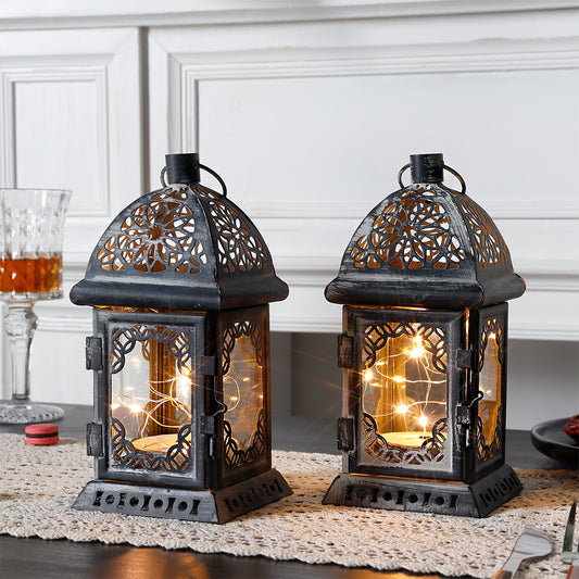 Set of 2 Vintage Style Decorative Lantern 8'' High Battery Operated Metal Lantern Hanging Lantern with LED Fairy Lights Perfect for Home Decor Living Room Parties Events Indoors (Grey)