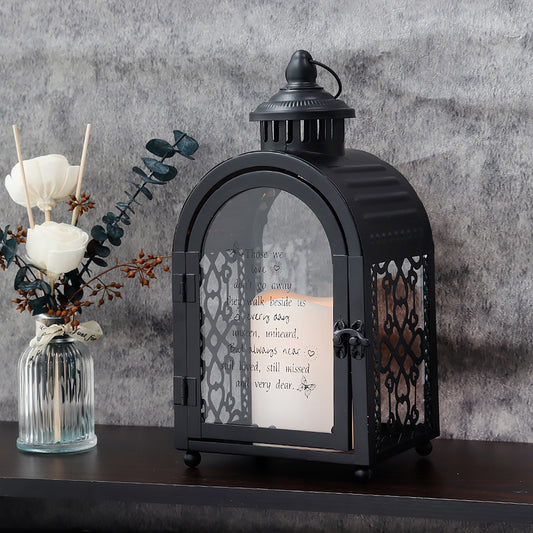 Memorial Lantern 11'' High Walk Beside Us Remembrance Lantern With Automatic Timer LED Candle And Love Pattern Bereavement Sympathy Gifts For Funeral Memorial Service Loss of Loved One(Black)