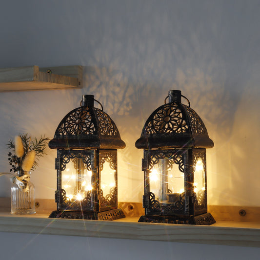 Set of 2 Vintage Style Decorative Lantern 8'' High Battery Operated Metal Lantern Hanging Lantern with LED Fairy Lights Perfect for Home Decor Living Room Parties Events Indoors (Black with Gold Brush)