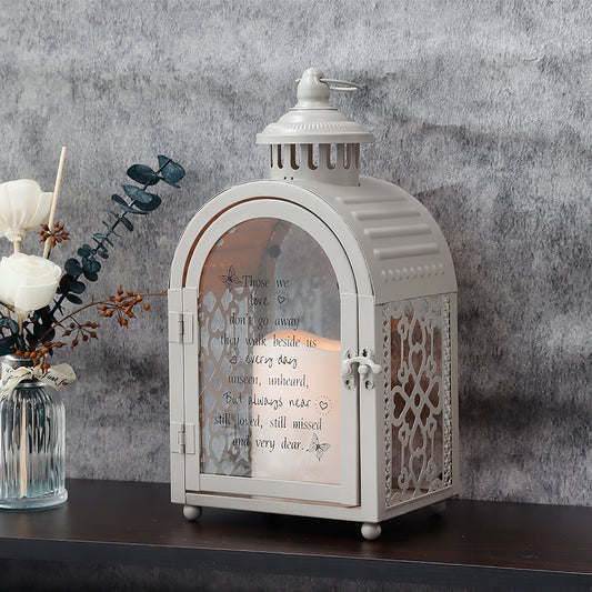 Memorial Lantern 11'' High Walk Beside Us Remembrance Lantern With Automatic Timer LED Candle And Love Pattern Bereavement Sympathy Gifts For Funeral Memorial Service Loss of Loved One(Grey)