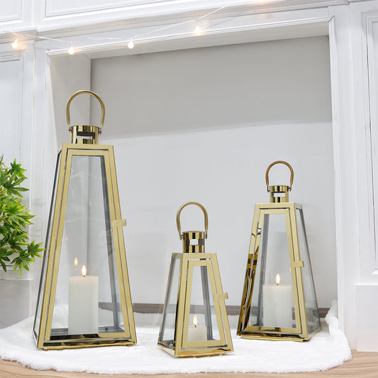 Set of 3 Stainless Steel Candle Lantern 11/16/21''H Metal Outdoor Candle Holder Decorative Hanging Lantern with Tempered Glass for Home Living Room Parties Event Indoor Outdoor(Gold Triangle)