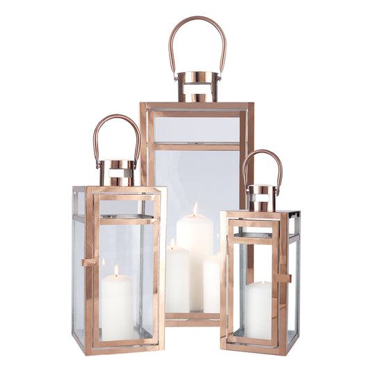 Set of 3 Stainless Steel Decorative Lantern 12&15&19'' High Metal Hanging Lantern with Tempered Glass Panels Perfect for Home Decor Living Room Parties Events Tabletop Indoors Outdoors (Rose Gold)