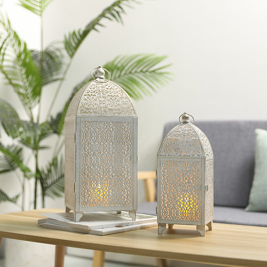 Set of 2 Vintage Decorative Candle Lantern 12''&16.5'' High Metal Candle Holder Hanging Lantern with Hollow Pattern for Living Room Garden Parties Events Indoors Outdoors(White with Gold Brush)