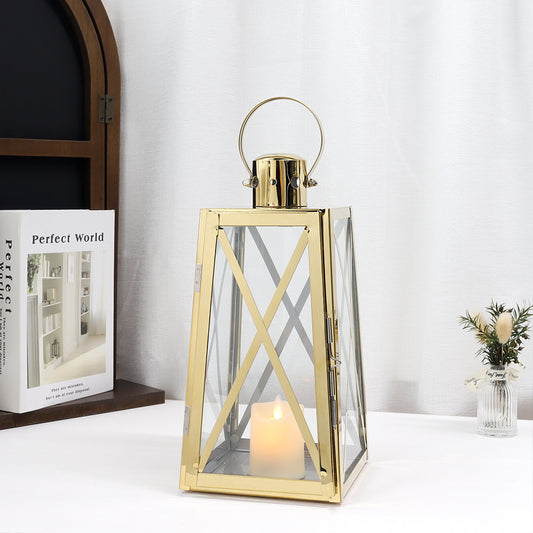 Stainless Steel Decorative Lantern 12''High Metal Outdoor Candle Holder Hanging Candle Lantern with Tempered Glass for Home Wedding Living Room Parties Events Indoor Outdoor(Gold Trapezoid)