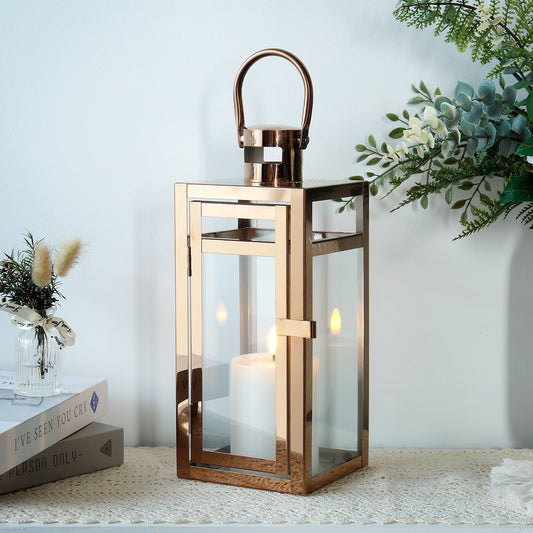 Stainless Steel Decorative Lantern 12'' High Metal Candle Holder with Tempered Glass Panels Perfect for Home Decor Living Room Parties Events Tabletop Indoors Outdoors (Rose Gold)