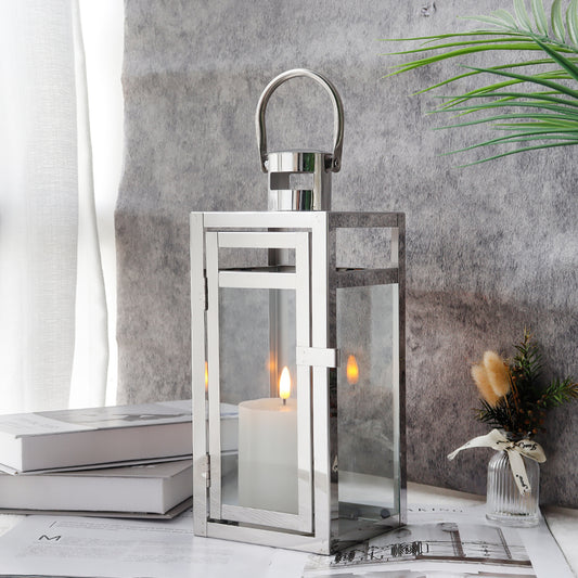 Stainless Steel Decorative Lantern 12'' High Metal Candle Holder with Tempered Glass Panels Perfect for Home Decor Living Room Parties Events Tabletop Indoors Outdoors (Silver)