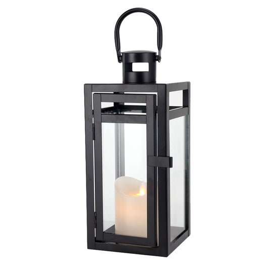 Metal Candle Lantern 12'' High Decorative Outdoor Lantern Hanging Lantern with Tempered Glass for Christmas Home Decor Living Room Parties Events Tabletop Indoors Outdoors (Black Matte)