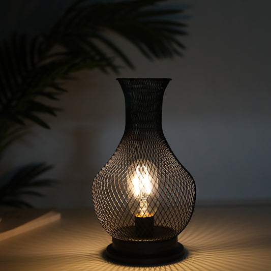 Metal Battery Operated Lamp 11'' Tall Vase Shape Mesh Cordless Decorative Lamp with LED Edison Bulb Decorative Lights for Christmas Living Room Corner Tabletop Indoors Outdoors (Black)