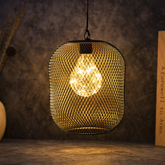 Battery Operated Hanging Lamp 8.5'' High Metal Mesh Lanterns with Warm Fairy Lights Bulb Perfect for Christmas Home Living Room Garden Patio Parties Events Tabletop Indoors Outdoors (Black)